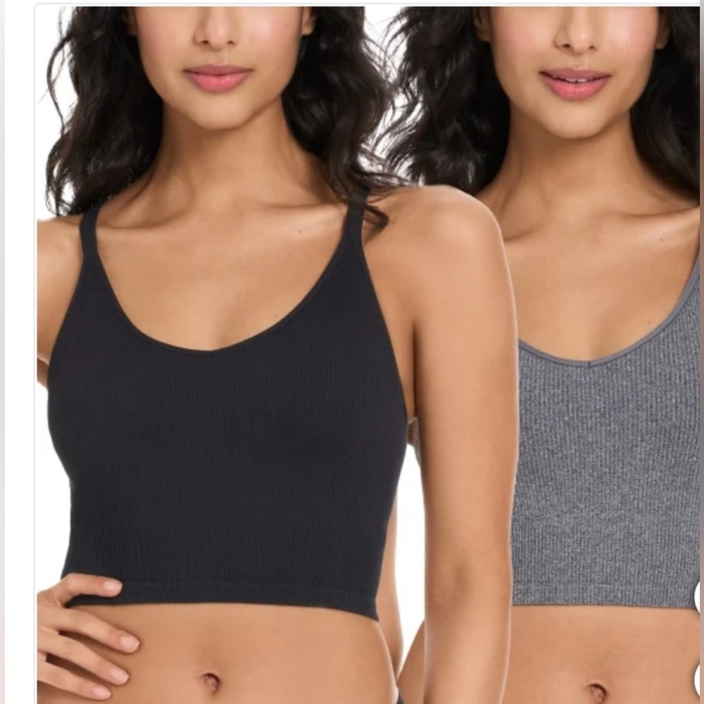 Lemon M Ribbed Longline Shelf Bra Tank Top Cross Back Seamless 2-pack black grey